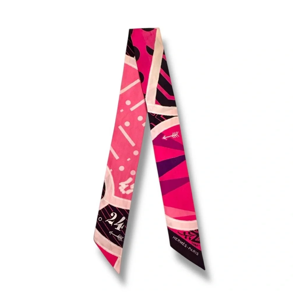 💕HERMES Silk Twilly Ribbon Scarf "Jeu de Soie Uniforme" • Rose Vif, Noir, Rose - Picture 3 of 15